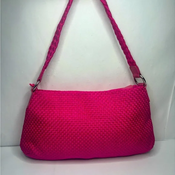 The Sak Woven Pink Fuchsia Cotton Silver Charm Zip Shoulder Bag NWOT - Picture 4 of 13